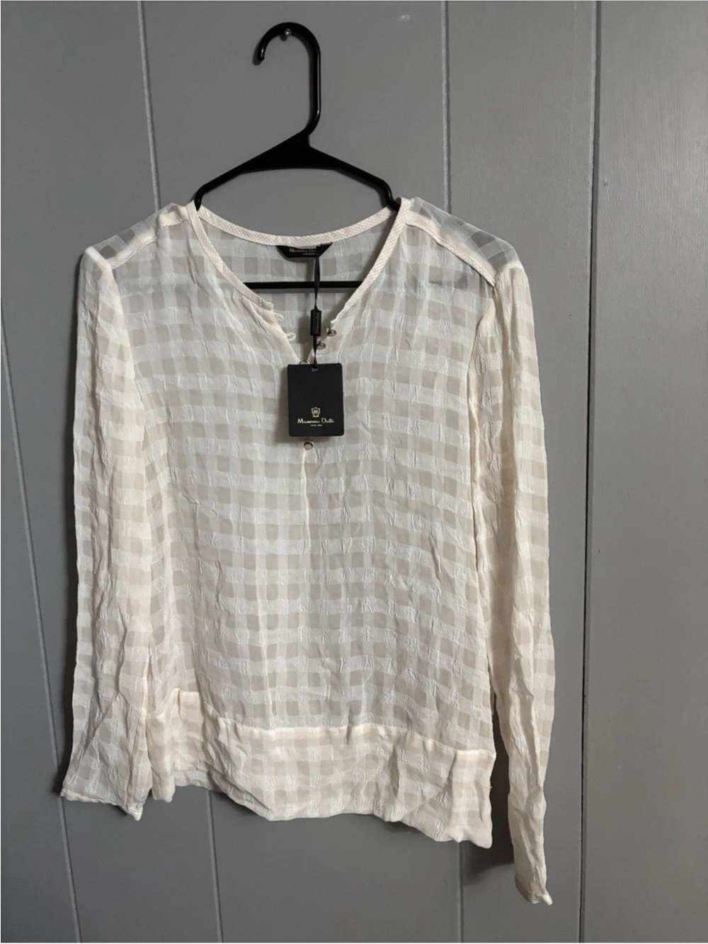 Massimo Dutti Cream Sheer Check-Texture Long Sleeve Blouse